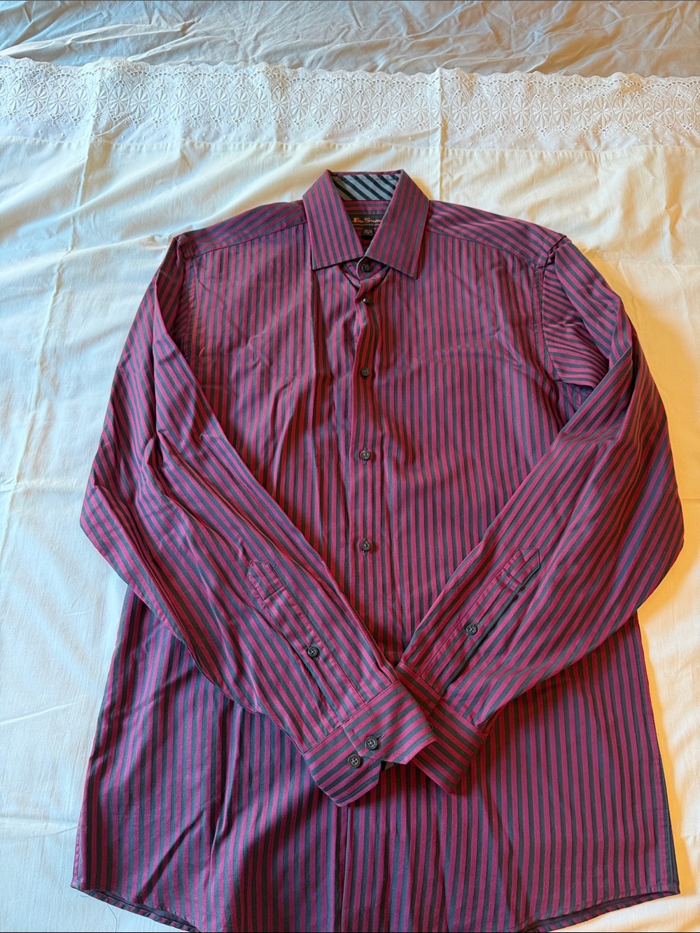 Ben Sherman Men's Burgundy and Black Striped Dress Shirt